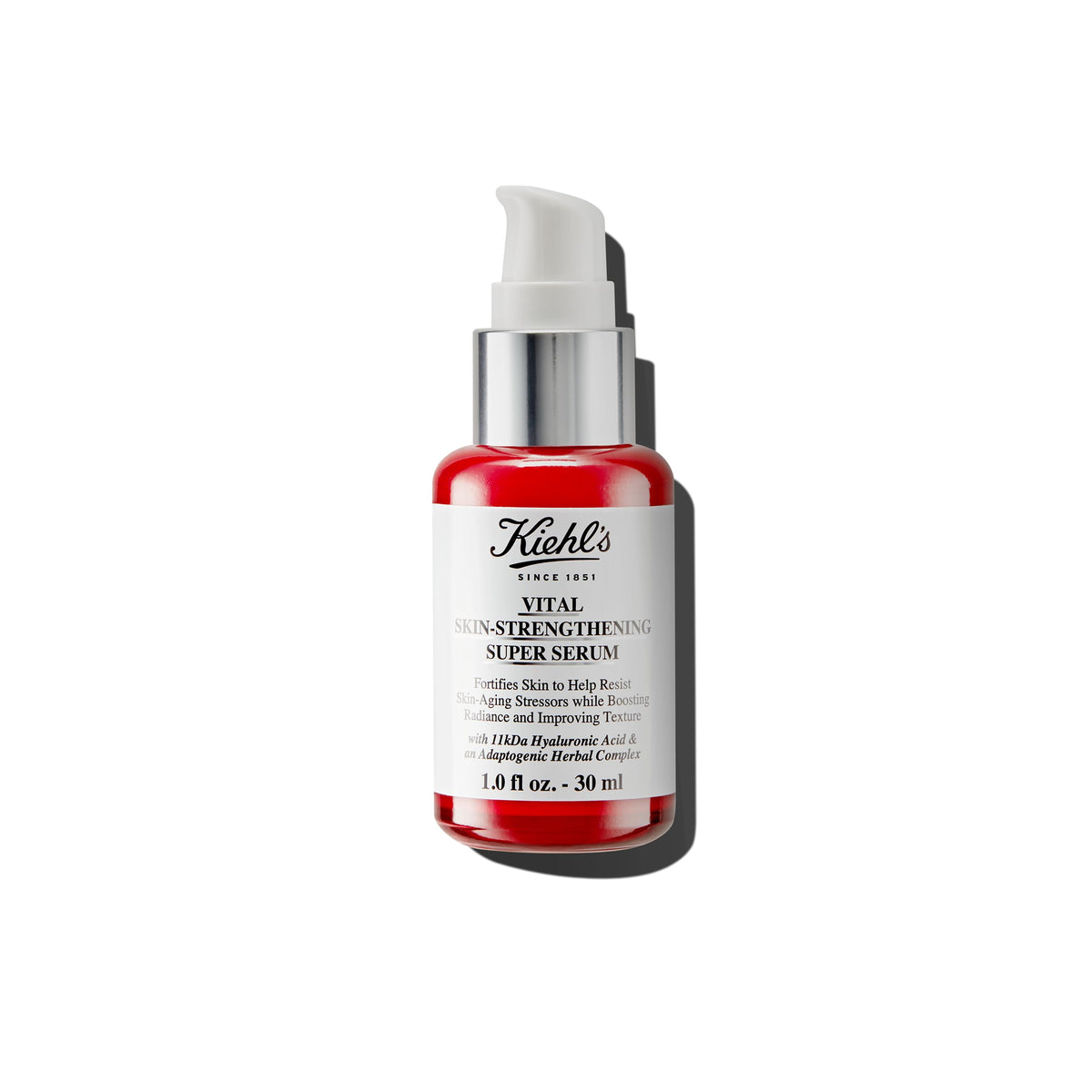 Kiehl's Vital Skin serum con ácido hialurónico, botella enfocada en brillo facial.