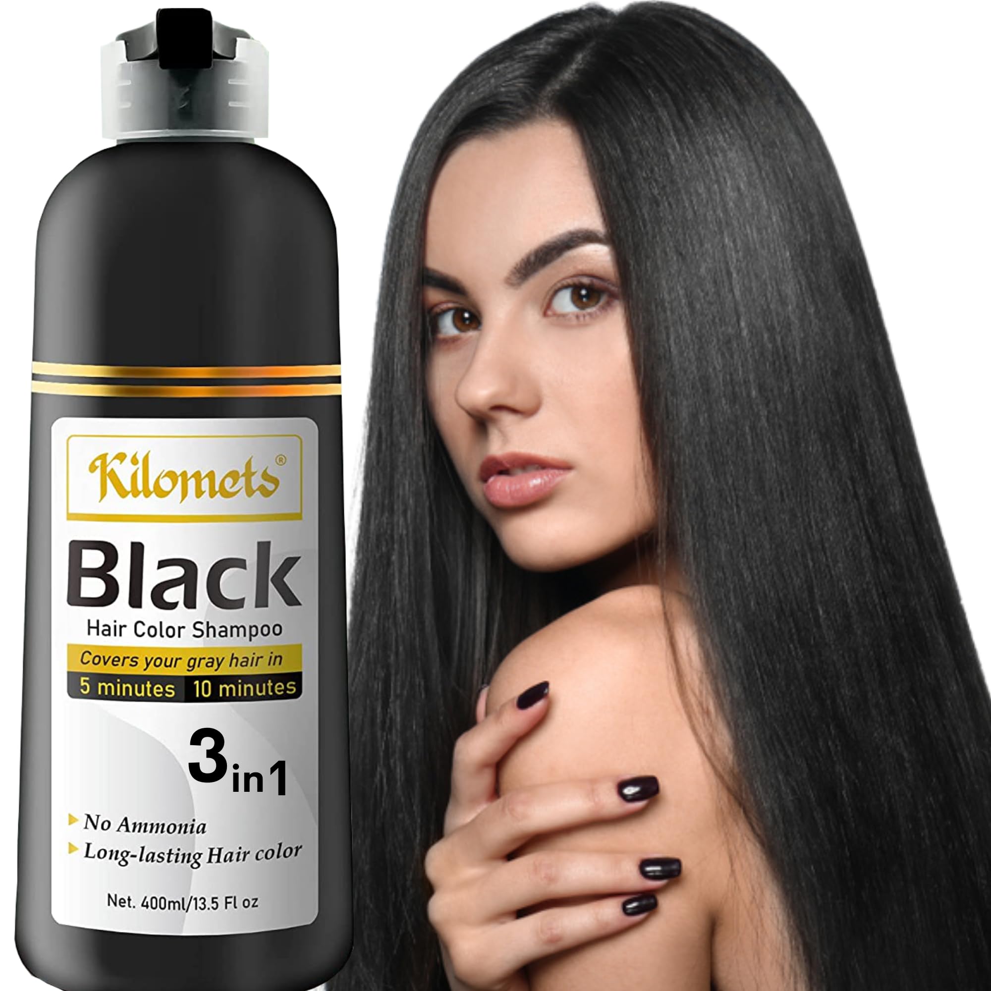 Kilomets champú teñidor para cabello negro en botella, seguro para uso diario
