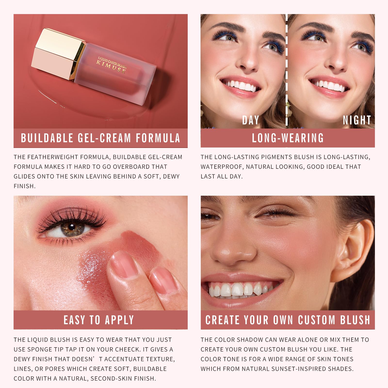 KIMUSE Liquid Blush, acabado brillante que aporta luminosidad duradera