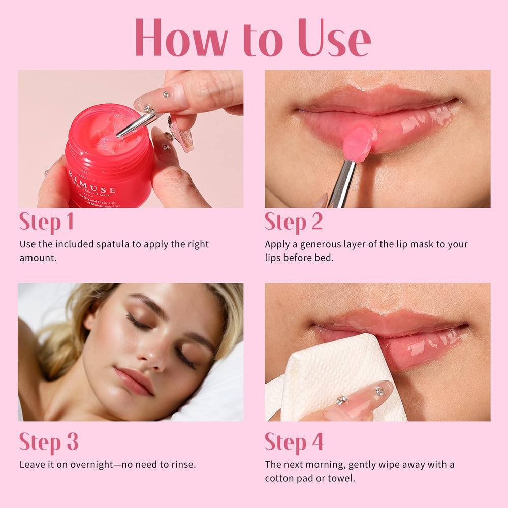 KIMUSE mascarilla labial en envase elegante para cuidado diario.