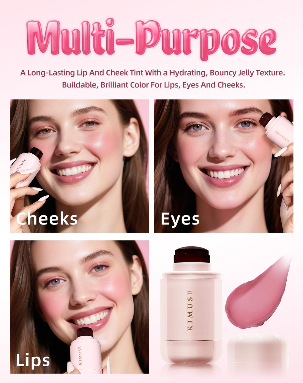 KIMUSE tinte gel en mejillas con brillo natural.