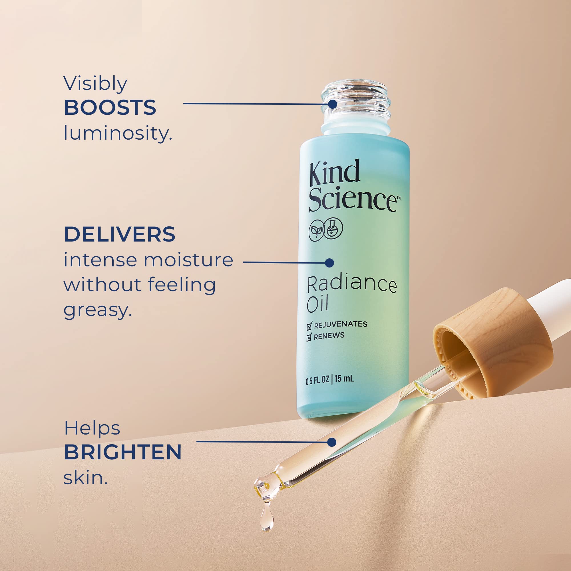 Kind Science Radiance Oil: textura ligera que se absorbe rápido para un acabado natural.