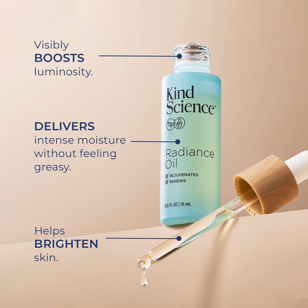 Kind Science Radiance Oil: textura ligera que se absorbe rápido para un acabado natural.