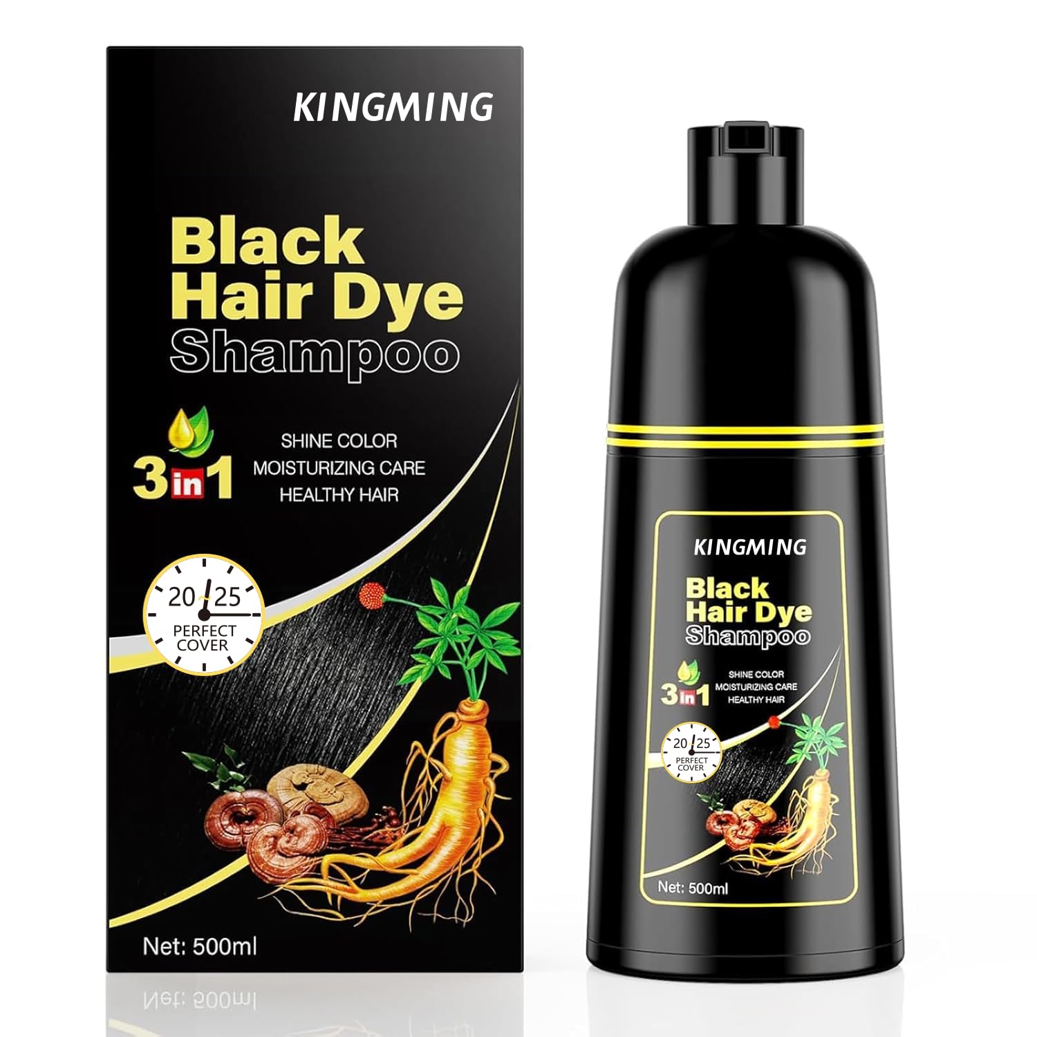 Kingming champú tinte para canas negro, cobertura rápida y natural
