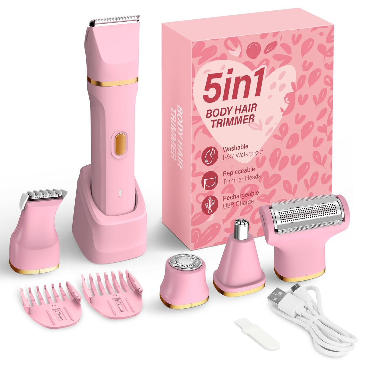 KINGTEE bikini trimmer 5 en 1 Rosa para uso en casa, precisión suave.