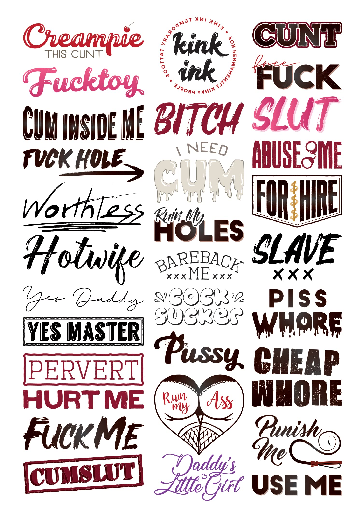 Kink Ink tatuajes temporales con frases contundentes en hoja A4 para expresión atrevida.