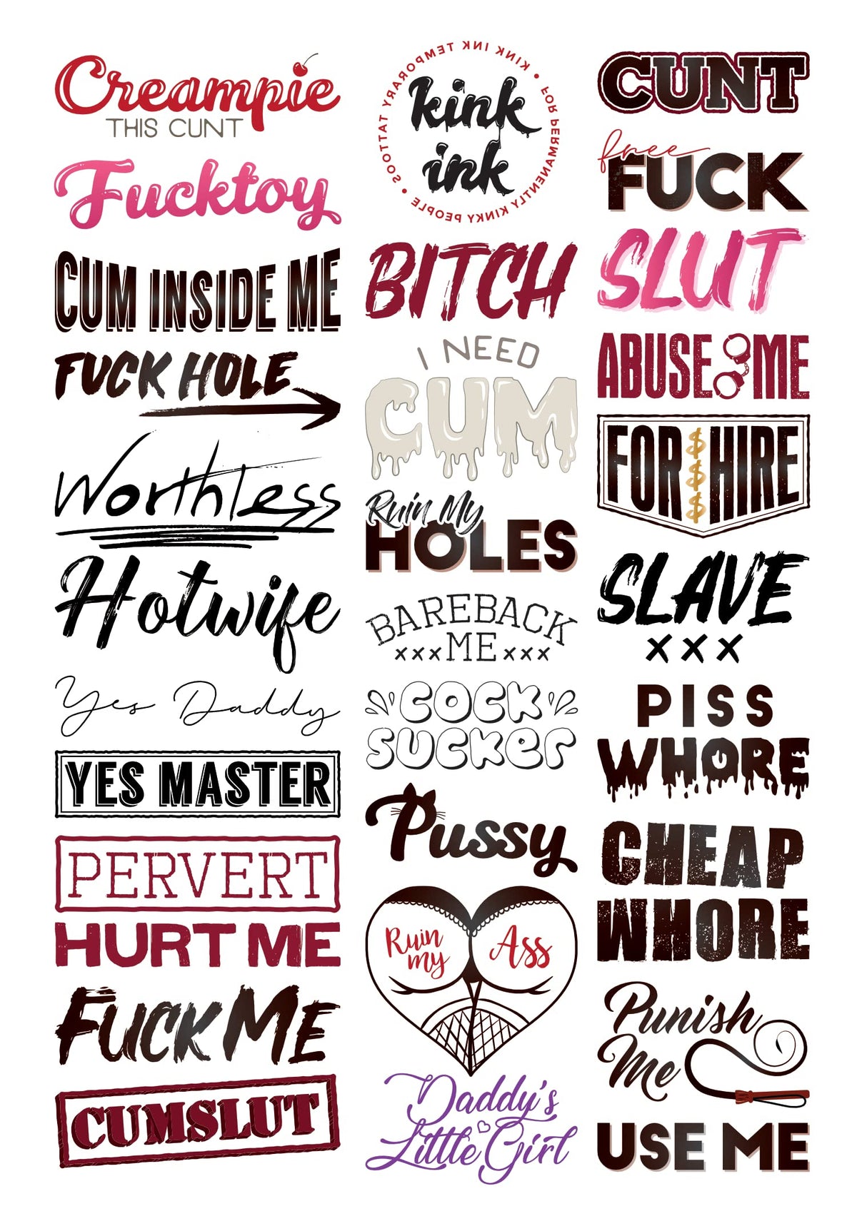 Kink Ink tatuajes temporales con frases contundentes en hoja A4 para expresión atrevida.