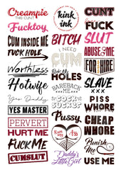 Kink Ink tatuajes temporales con frases contundentes en hoja A4 para expresión atrevida.