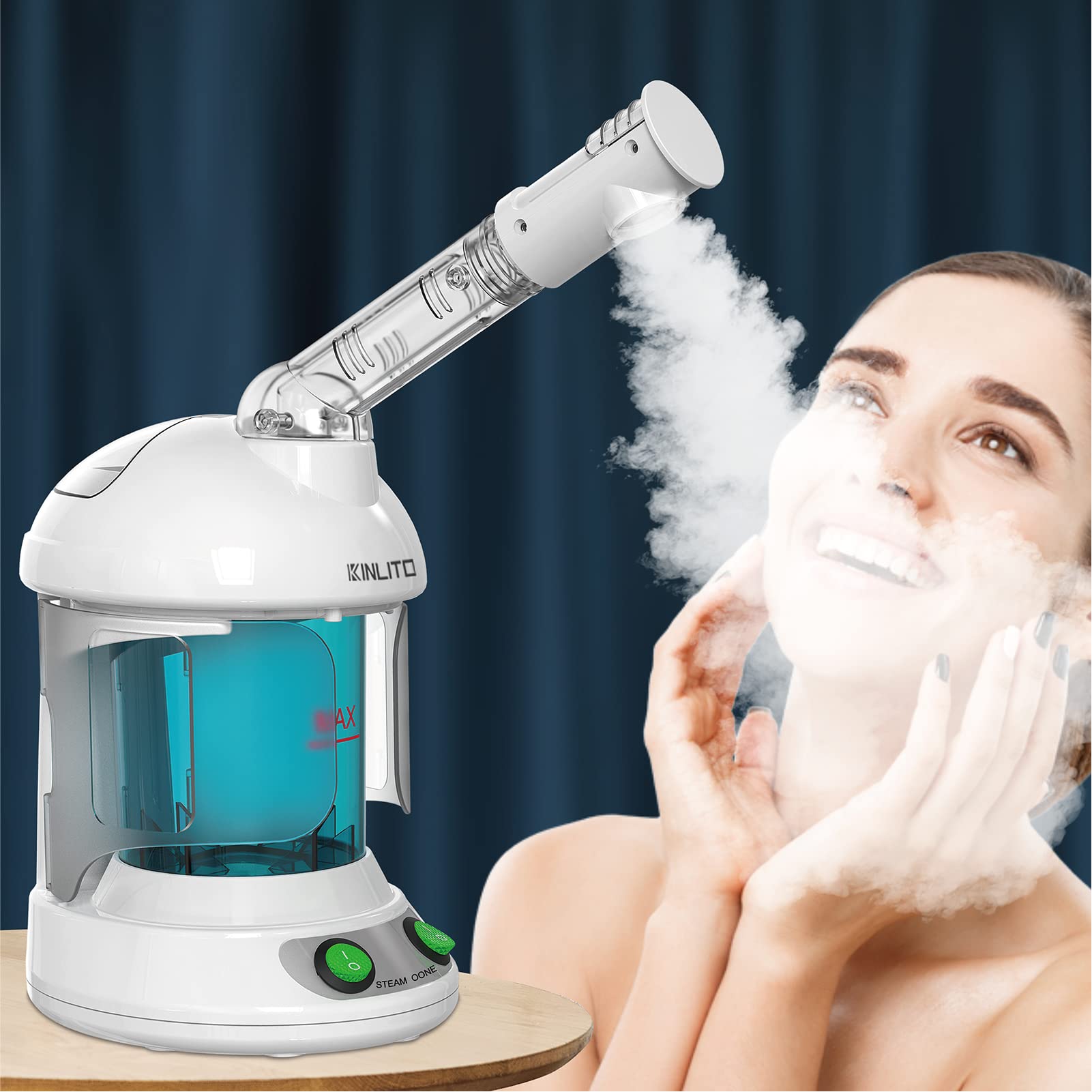 Kinlito vaporizador facial con brazo 360°, ideal para spa en casa.