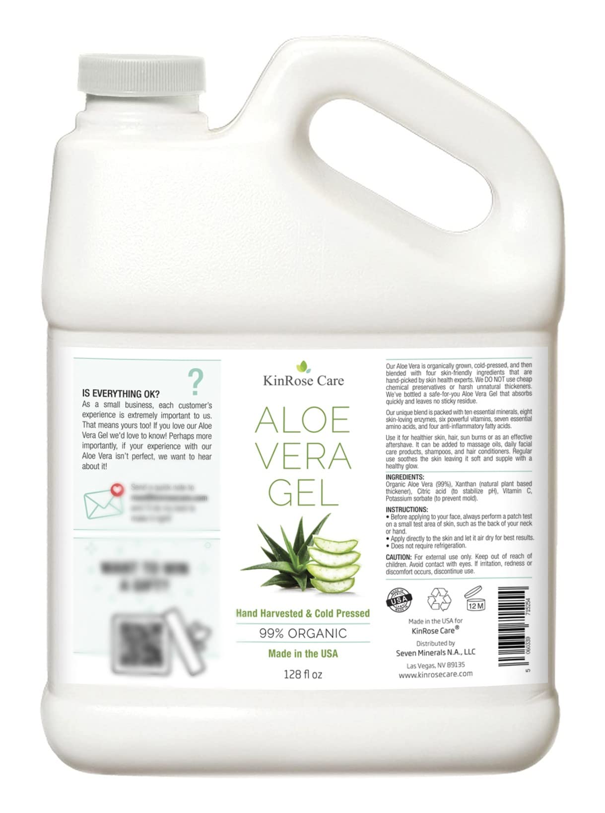 KinRose Care Aloe Vera Gel: vegano, sin fragancia y hecho en EE.UU., ideal para kits.
