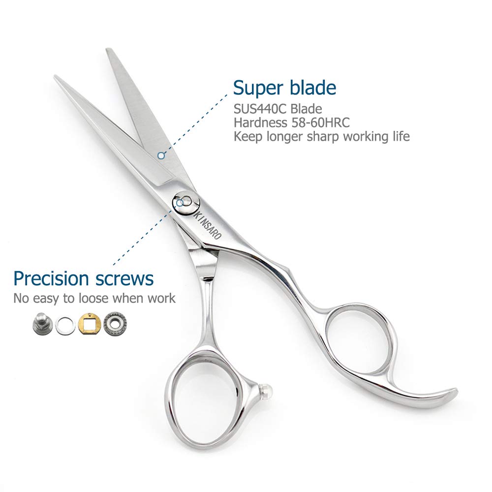 Tijeras de pelo KINSARO con borde afilado y equilibrio estable para cortes suaves.