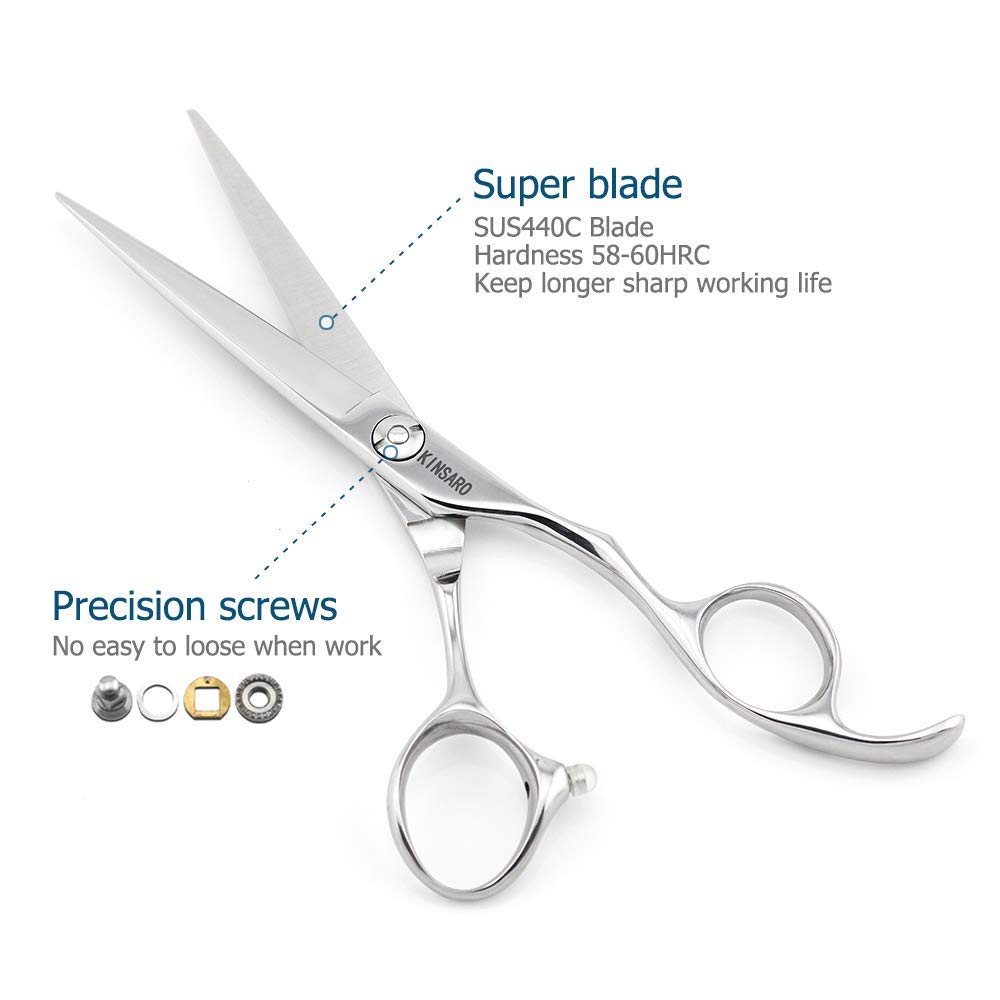 Tijeras KINSARO con mango ergonómico y offset para menos fatiga durante largas sesiones.
