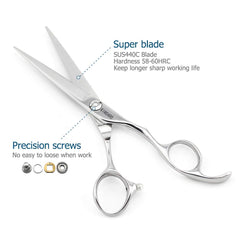 Tijeras KINSARO con mango ergonómico y offset para menos fatiga durante largas sesiones.