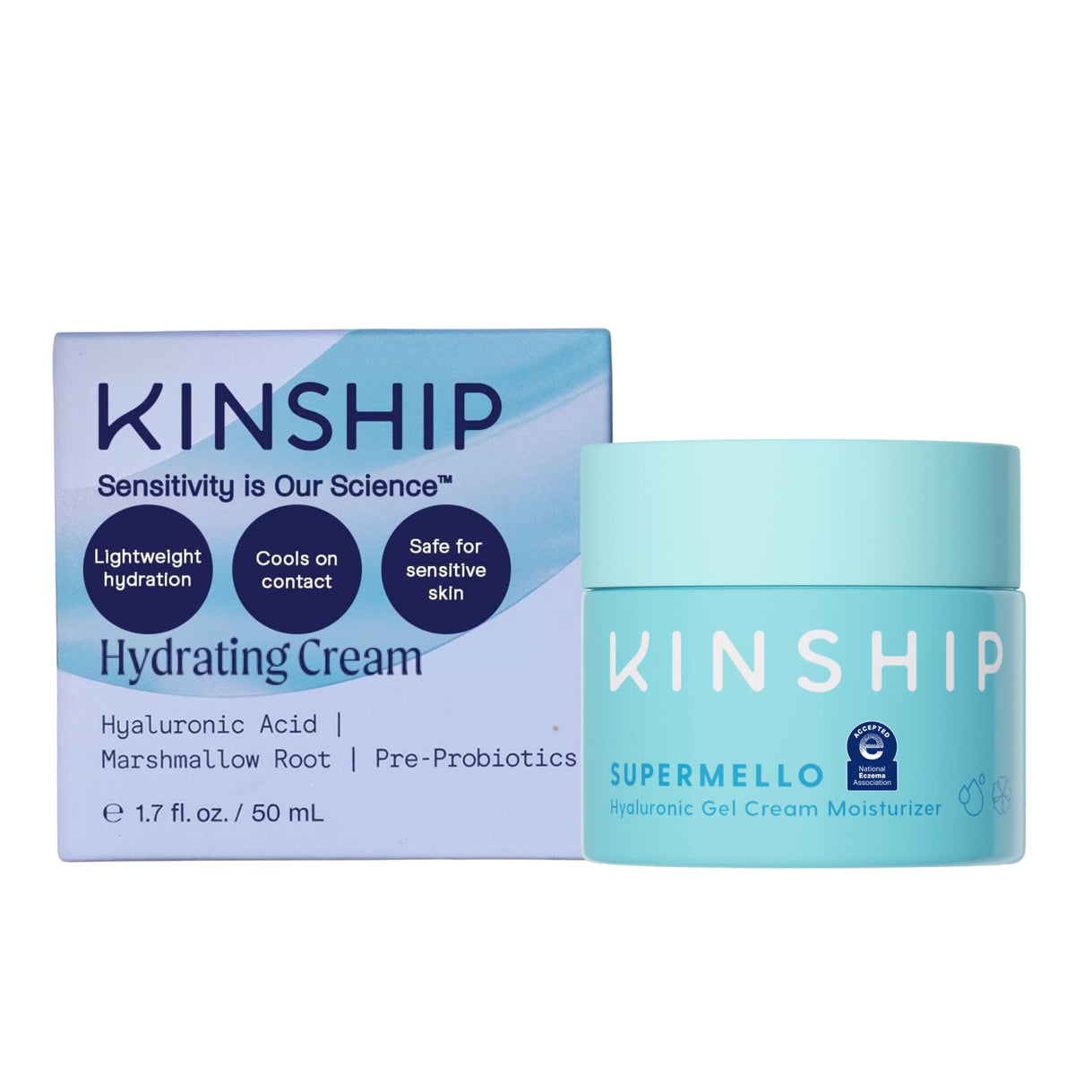 Kinship Supermello gel crema hidratante para piel seca, textura suave y absorción rápida.