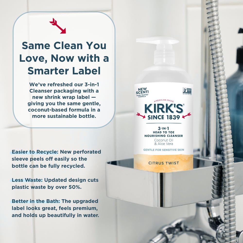 Kirk's uso diario para cabello, piel y baño, ideal para la familia.