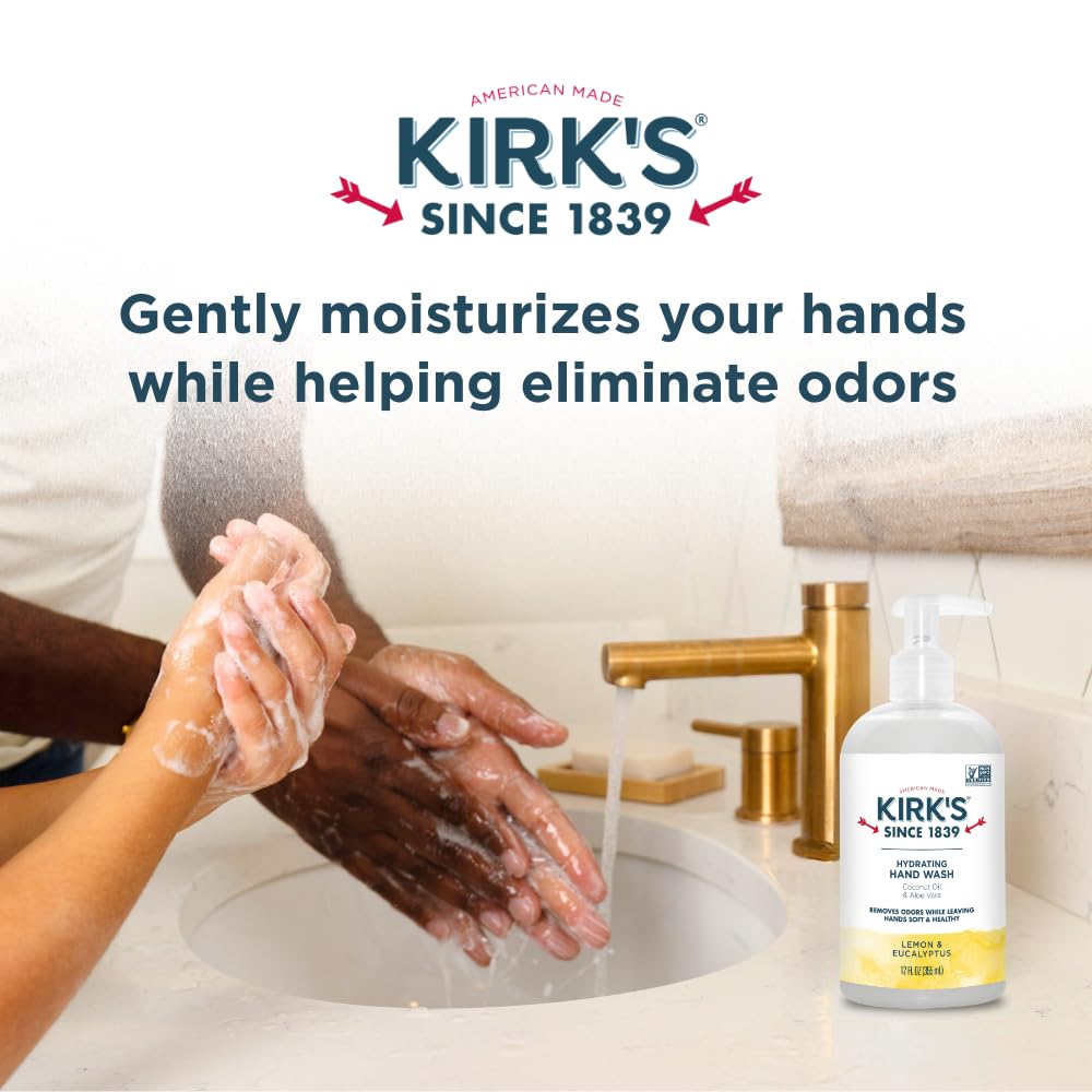Jabon de Manos Kirks con aceite de coco ofrece hidratación y espuma cremosa.