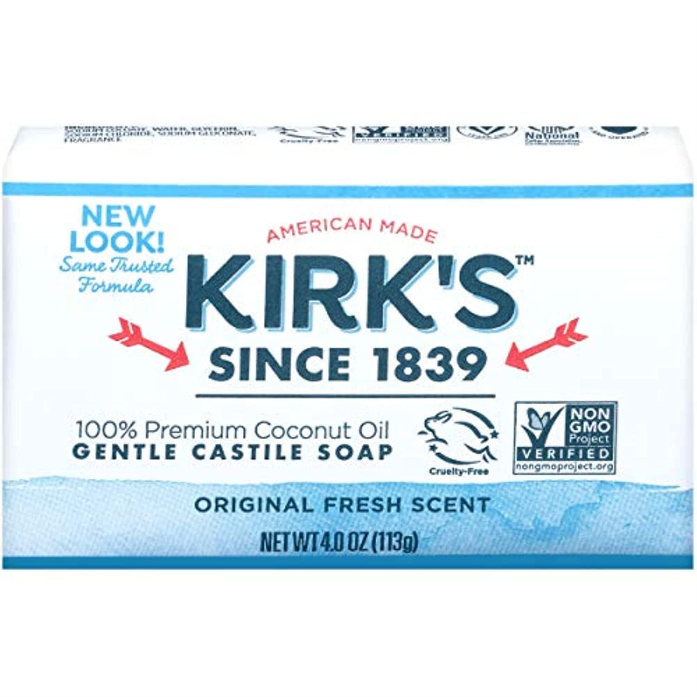 Kirk's barra Castilla Coco 4oz, textura suave para la piel.