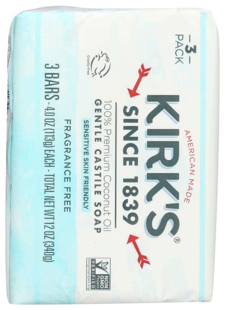 Kirks barra jabón sin fragancia, presentación compacta para viaje.