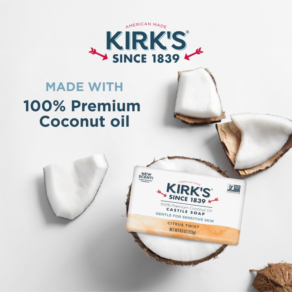 Jabón de coco premium de Kirks Castile, textura suave y espuma ligera.