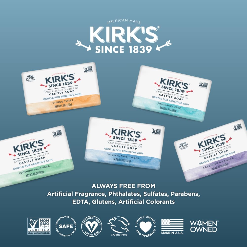 Kirks Jabón Castile hecho en EE.UU.: calidad y tradición familiar.