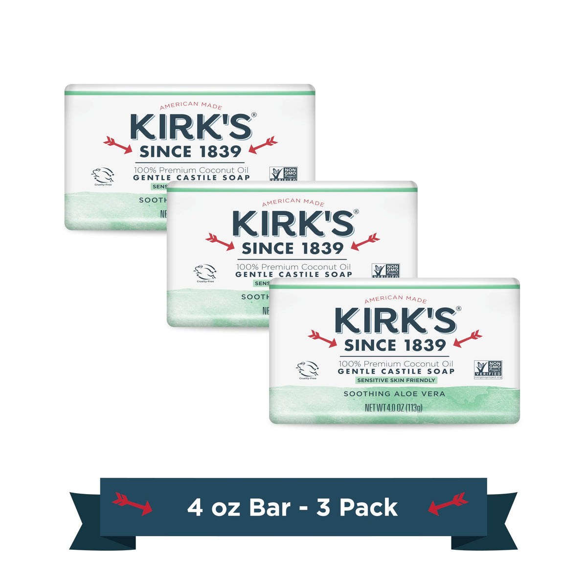 Kirk's Jabón de Castilla suave con aloe vera, presentación de tres unidades para uso diario.