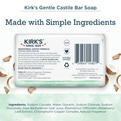 Kirk's Jabón de Castilla suave, textura cremosa ideal para limpieza diaria.