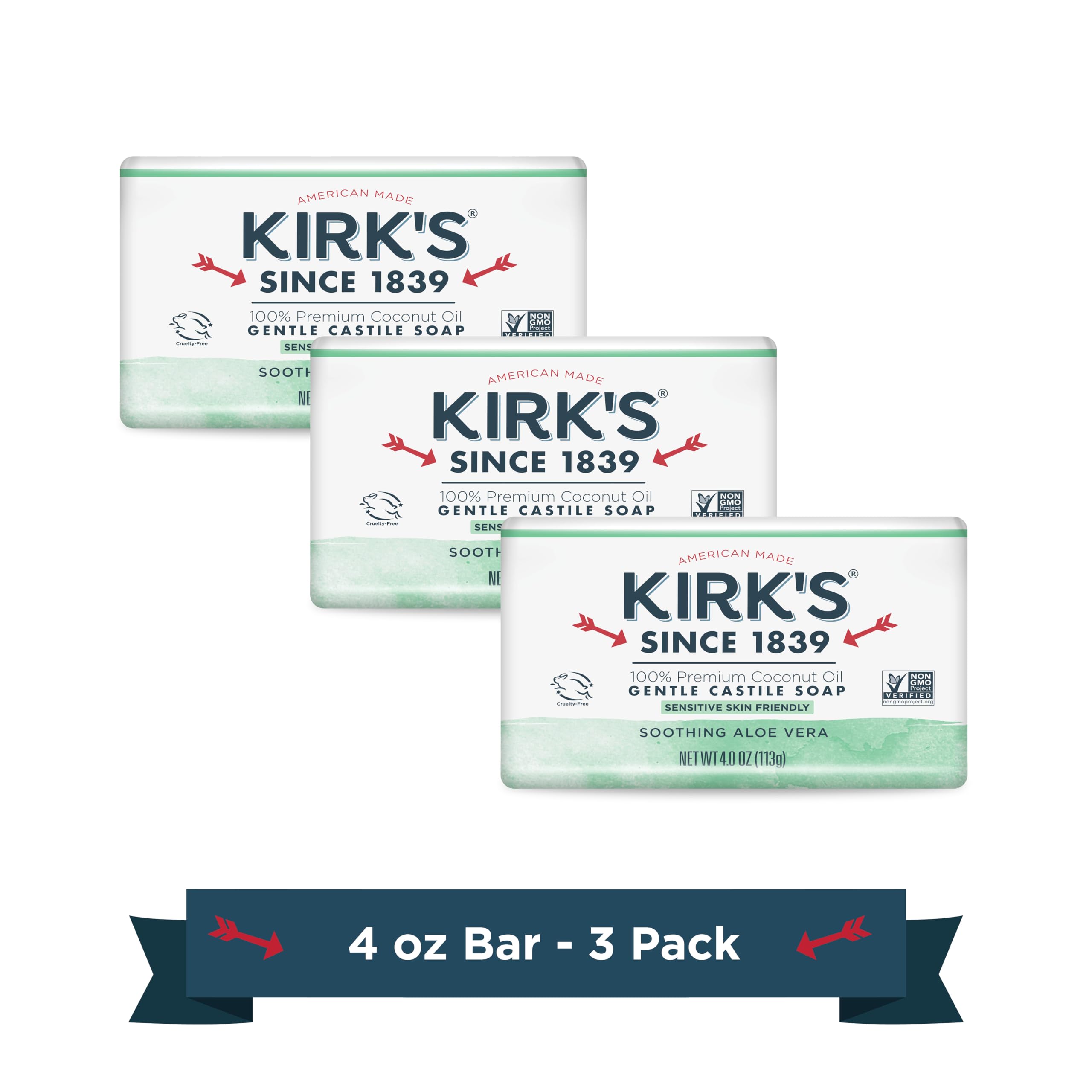 Kirks jabon coco castile aloe vera frente, piel suave tras lavado