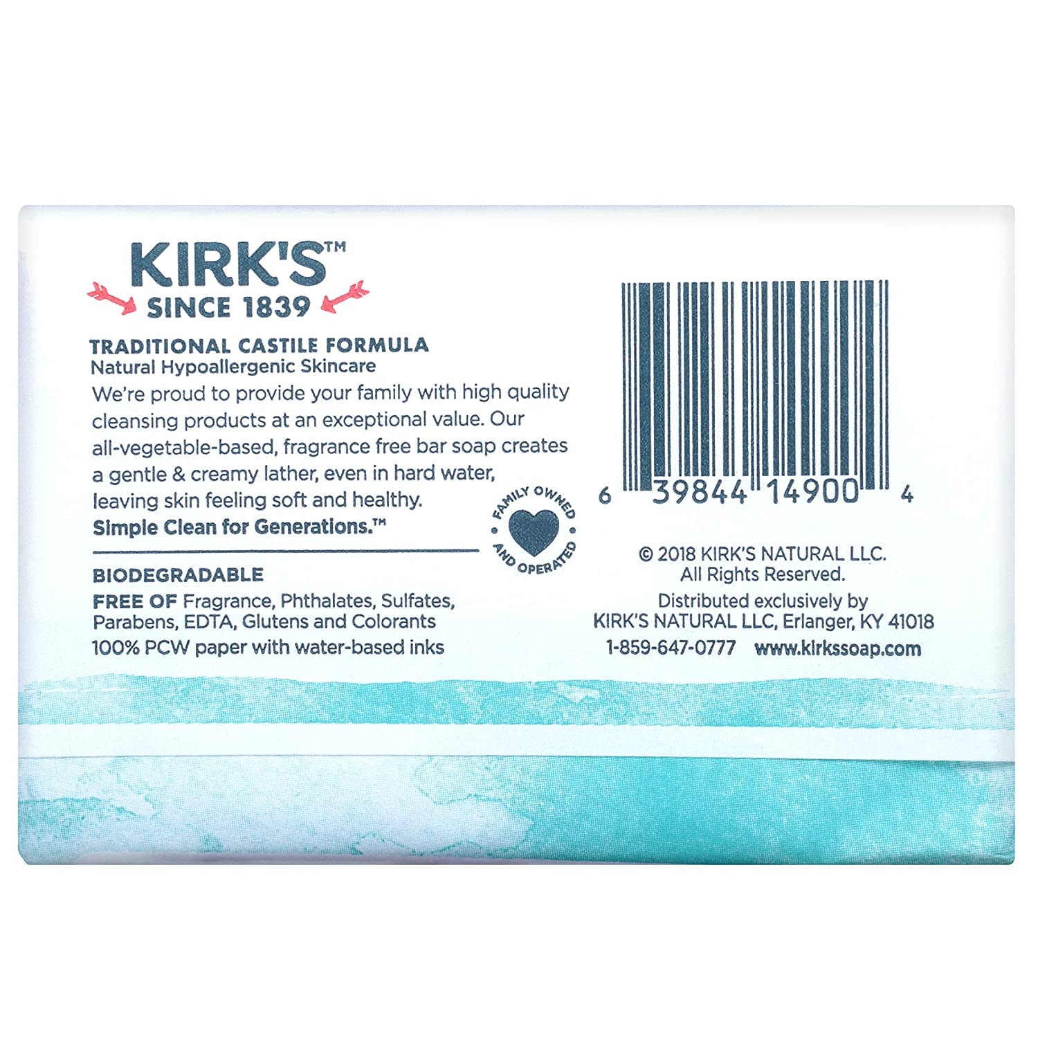 Kirk's Jabón Coco Castile sin fragancia, ideal para piel sensible.