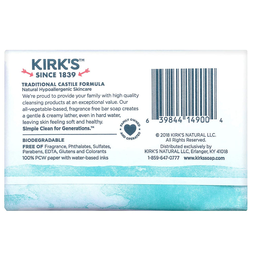 Kirk's Jabón Coco Castile sin fragancia, ideal para piel sensible.