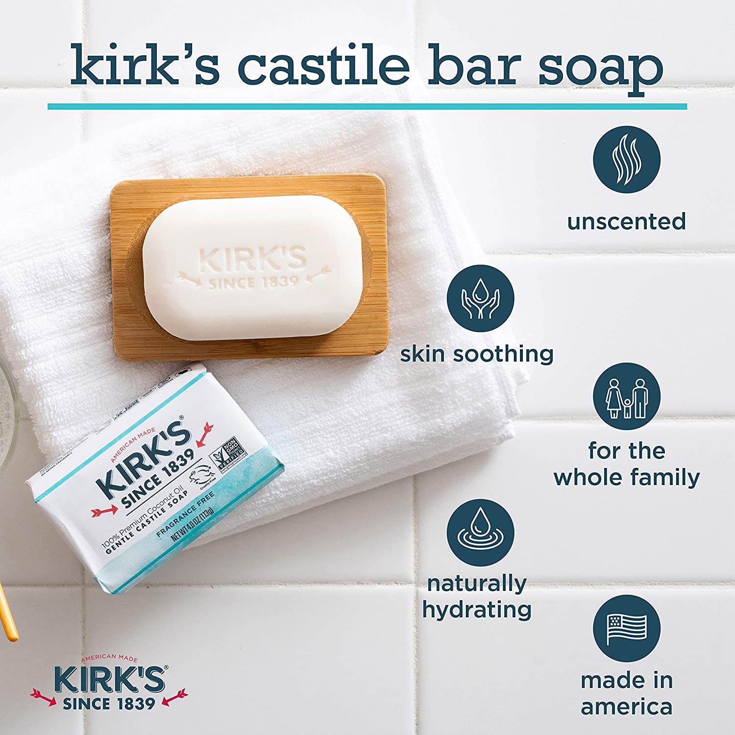 Kirk's Jabón Coco Castile sin fragancia, textura cremosa para uso suave diario.