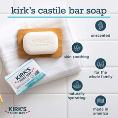 Kirk's Jabón Coco Castile sin fragancia, textura cremosa para uso suave diario.
