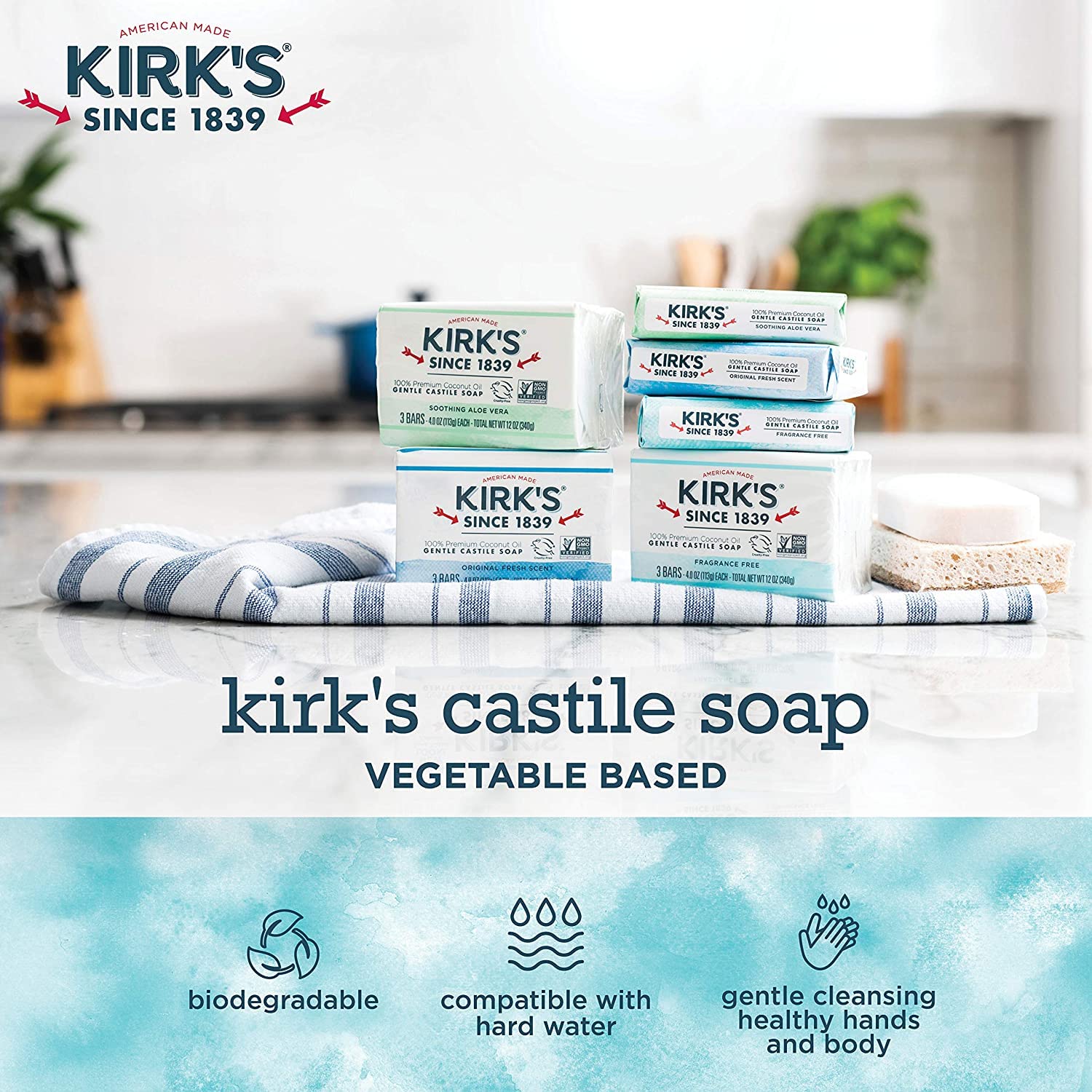 Kirk's Jabón Coco Castile sin fragancia, ideal para piel sensible en limpieza diaria.