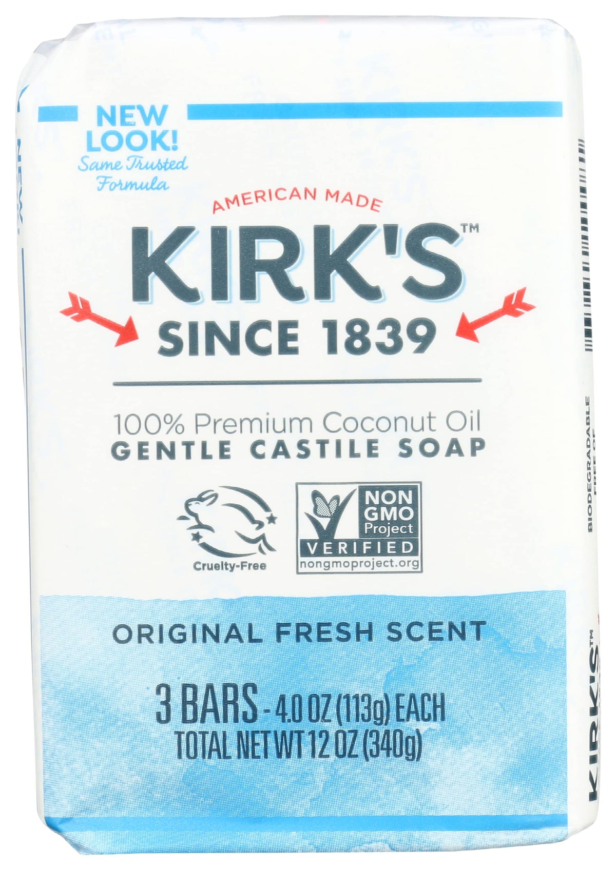 Kirk's Jabón de Castilla Original, tres-unidades, limpieza suave para piel sensible.