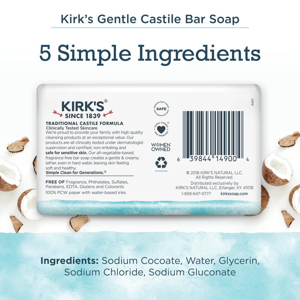 Pack Kirk's Coco Castile sans parfum de 18 barres, pratique