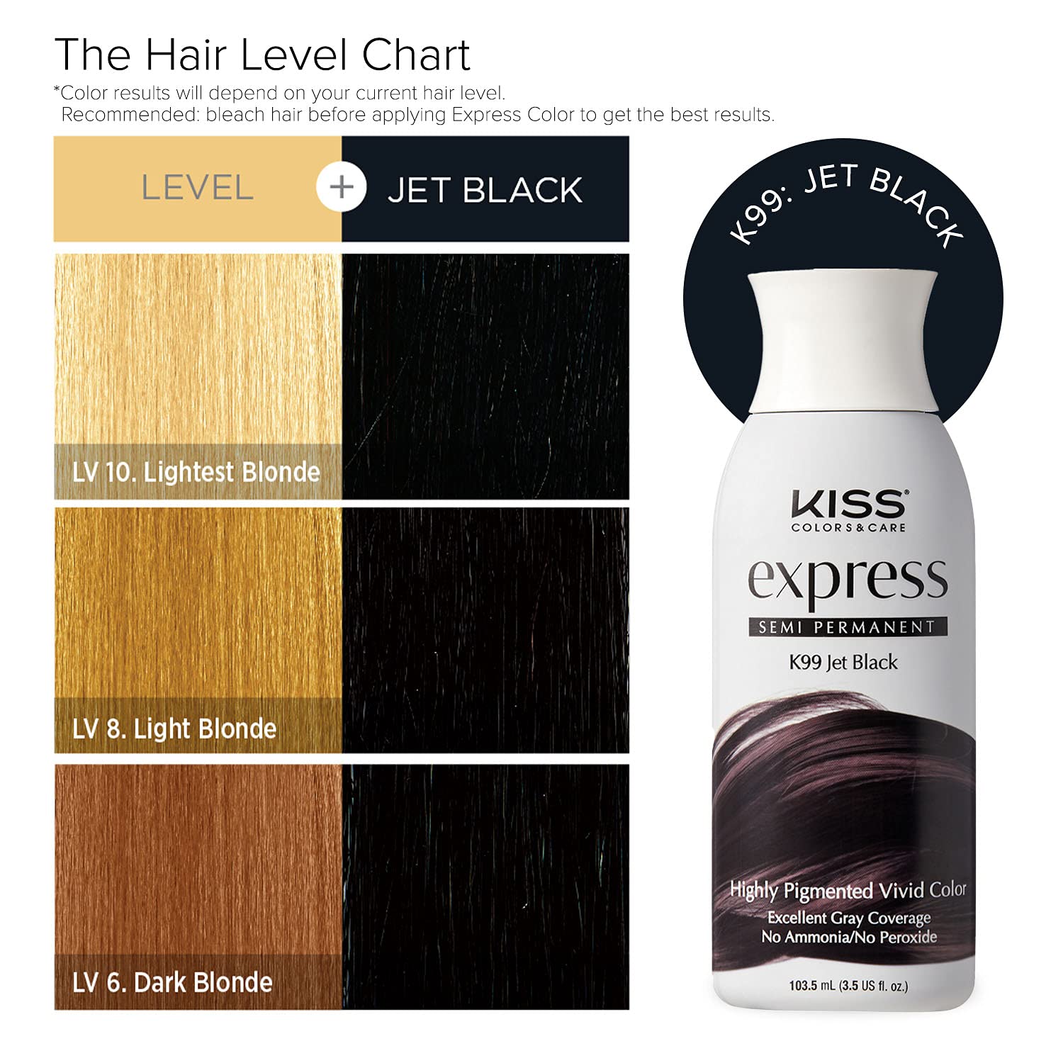 Kiss Express Color #K99 negro intenso – envase compacto para retoques fáciles.