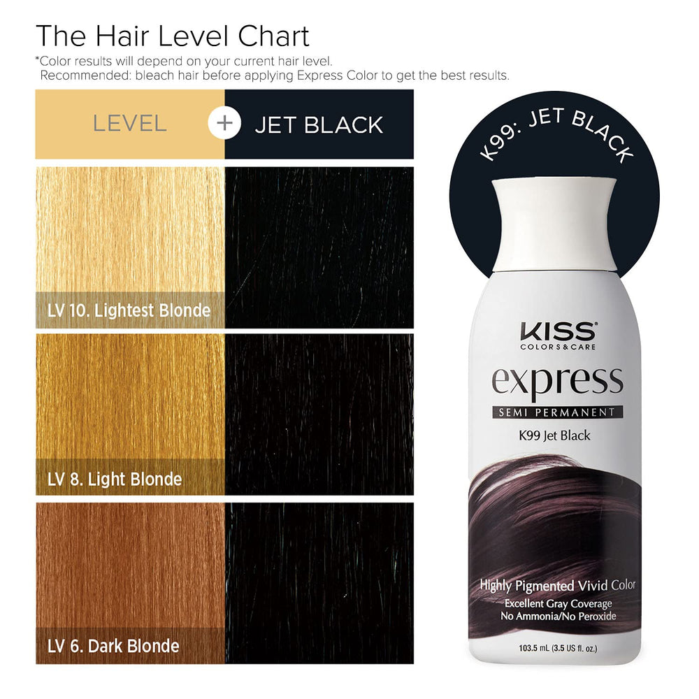 Kiss Express Color #K99 negro intenso – envase compacto para retoques fáciles.