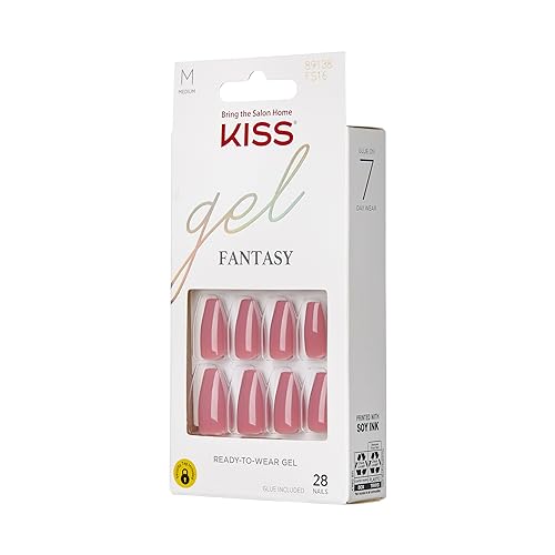 Uñas Kiss Gel Fantasy rosa acabado gel brillante para look de salón.
