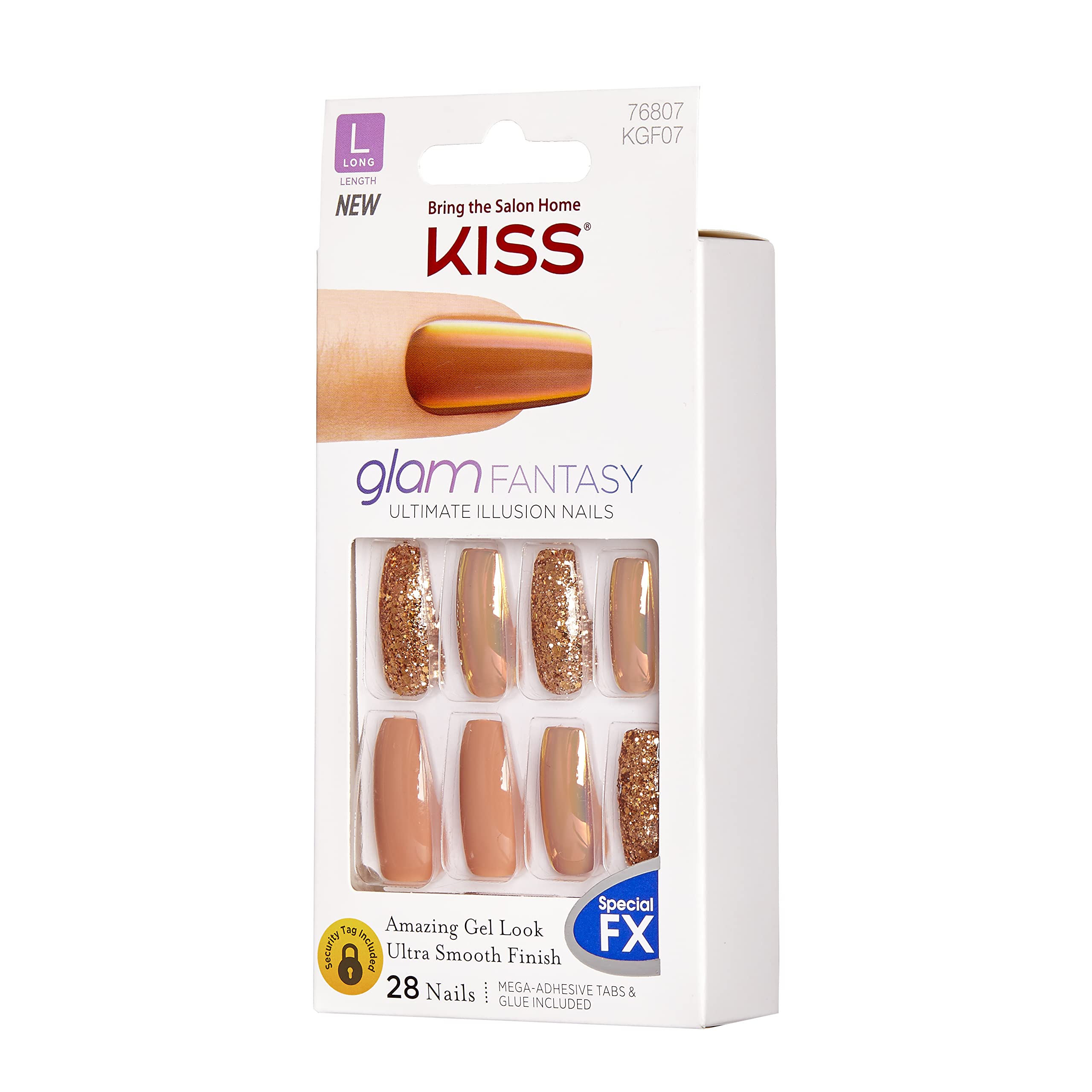 Uñas Kiss Glam Fantasy con diseño diamante en gel para un look brillante.
