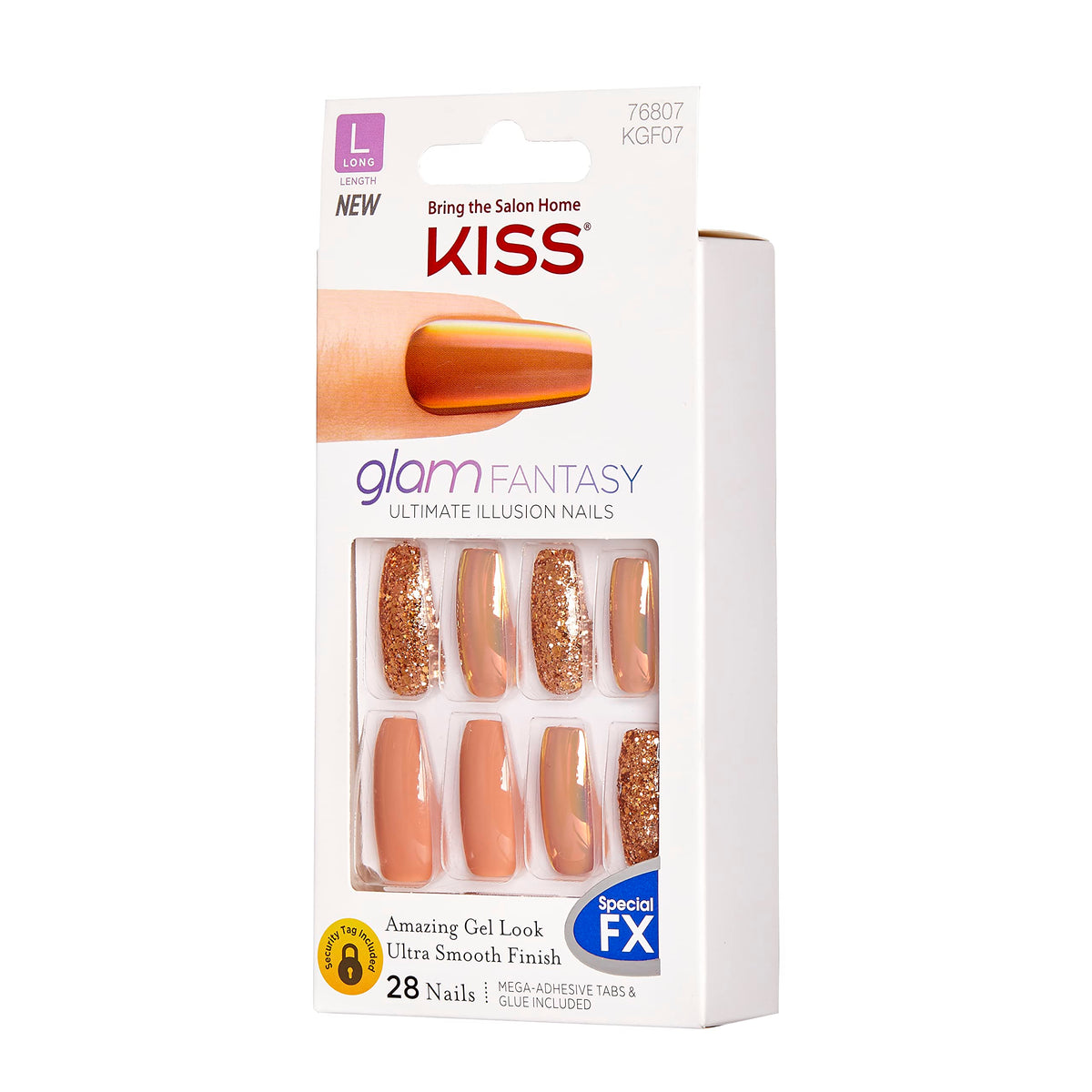 Uñas Kiss Glam Fantasy con diseño diamante en gel para un look brillante.