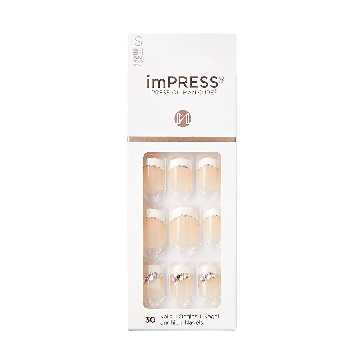 KISS imPRESS set-30-uñas: acabado natural y práctico para casa.