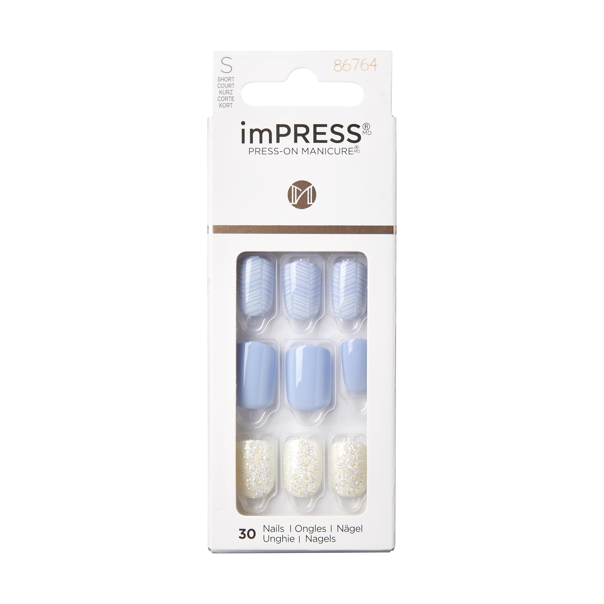 KISS imPRESS uñas sin pegamento en azul claro para un acabado profesional en casa.