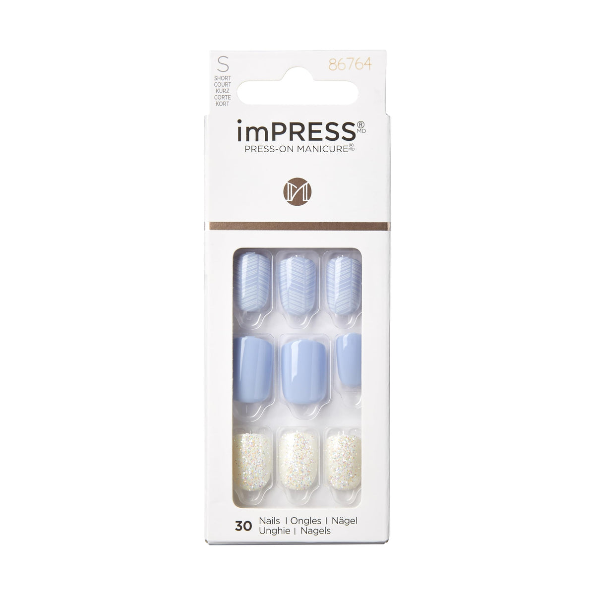 KISS imPRESS uñas sin pegamento en azul claro para un acabado profesional en casa.