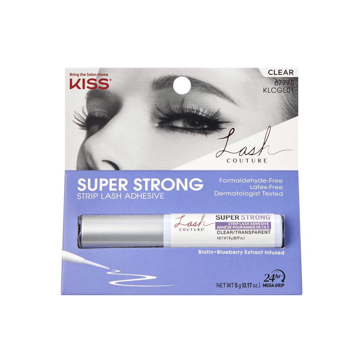 Adhesivo transparente KISS Lash Couture con biotina para fijar pestañas.