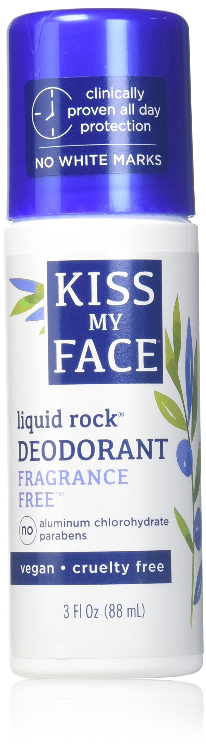 Desodorante líquido Kiss My Face, botella sin fragancia para uso diario y protección discreta.