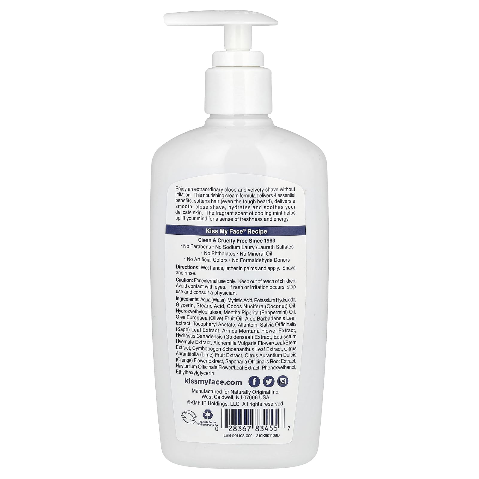Kiss My Face Moisture Shave etiqueta frontal, crema suave que hidrata y facilita el afeitado.