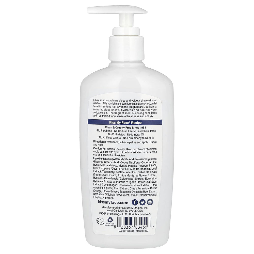 Kiss My Face Moisture Shave etiqueta frontal, crema suave que hidrata y facilita el afeitado.