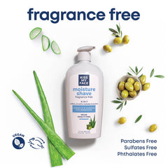 Kiss My Face Moisture Shave sin fragancia, textura cremosa para deslizamiento suave.