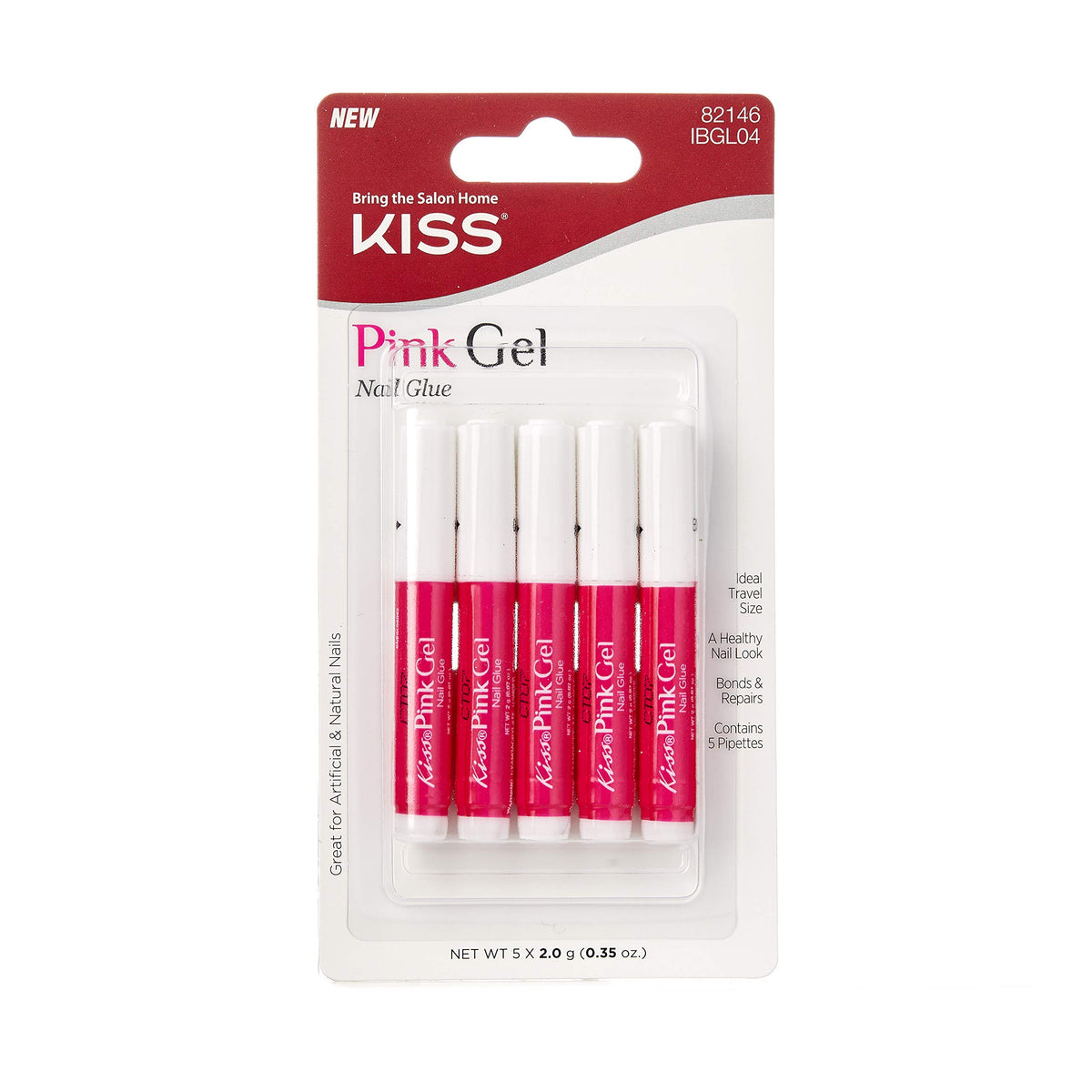 KISS pegamento gel rosado para uñas, fijación duradera y de aspecto natural.