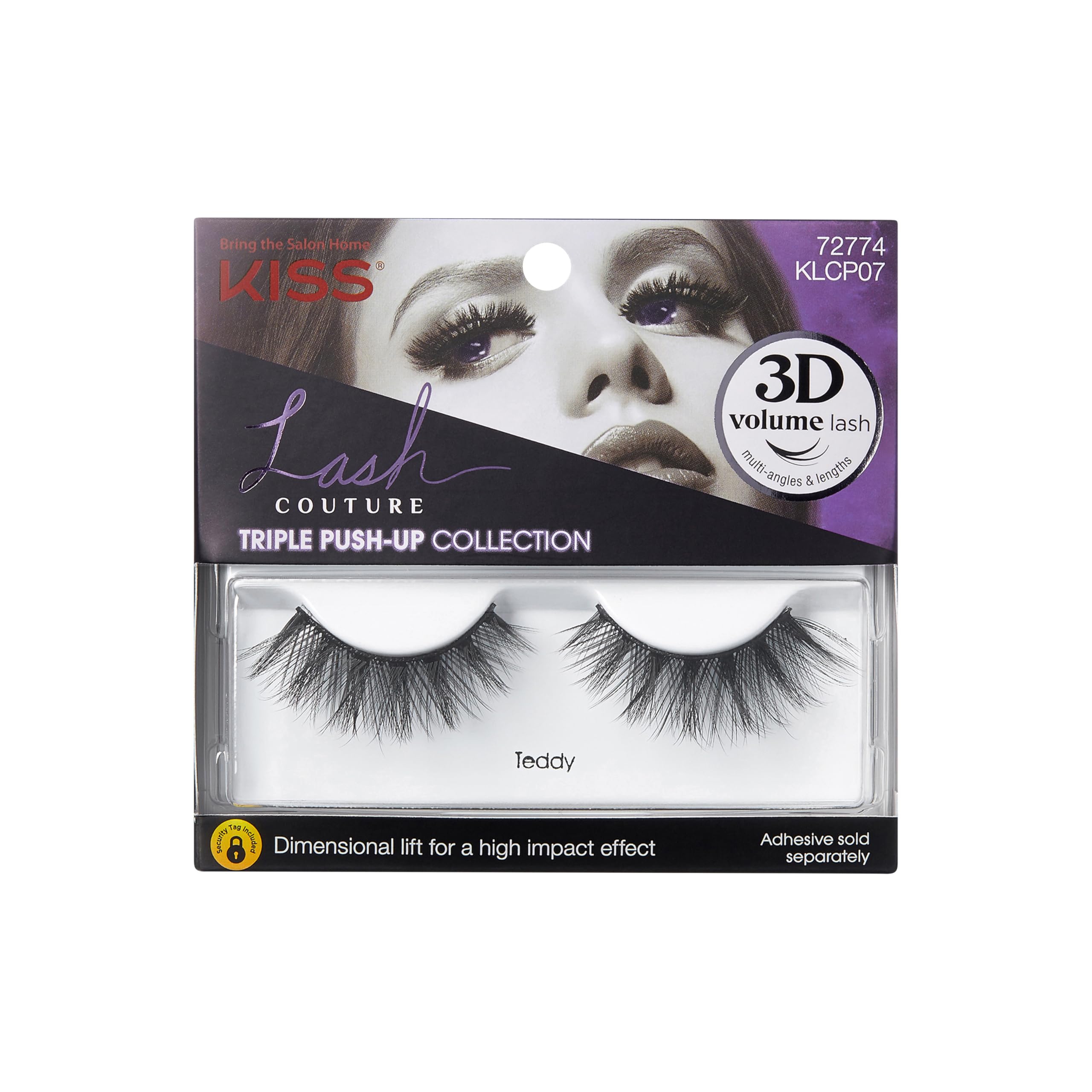 Pestañas Kiss Triple Push-Up Teddy 12mm par, volumen 3D para mirada definida.