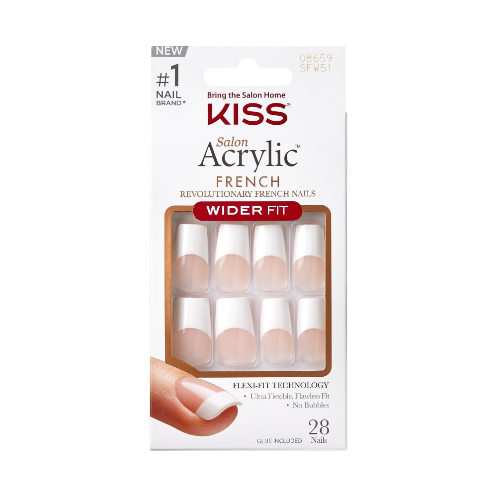 KISS kit uñas acrílicas francesas, enfoque en diseño largo coffin ancho, ideal para uso diario.